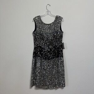 Patra Navy Blue and Silver Full Sequin Silk Dress Womens Size 14 Polyester Lined